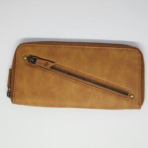 Free People Wallet Brown Distressed Vegan Zip Around Closer Clutch Faux Leather